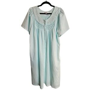 Miss Elaine Seersucker Snap Up Night Gown Cotton Blend Womens 2X Light Turquoise